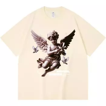 230GSM 100% Cotton T-Shirt Angel Wings Print Tees Funny Harajuku Style Combed Cotton Tshirt XS абрикосовый