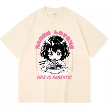 230GSM 100% Cotton T-Shirt Anime girl ramen lovers Print Tees Funny Harajuku Style Combed Cotton Tshirt XS абрикосовый