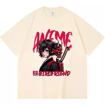 230GSM 100% Cotton T-Shirt Anime Girlfriend Japan Girl with Oni Demon Mask Print Tees Funny Harajuku Style Combed Cotton Tshirt XS абрикосовый
