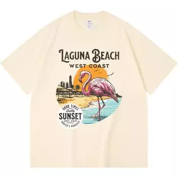 230GSM 100% Cotton T-Shirt Art illustration Flamingo on the beach retro style Print Tees Funny Harajuku Style Combed Cotton Tshirt XS абрикосовый