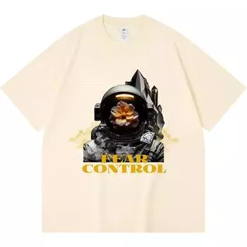 230GSM 100% Cotton T-Shirt Astronaut Fear Control Print Tees Funny Harajuku Style Combed Cotton Tshirt XS абрикосовый