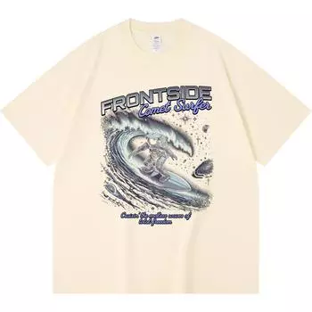 230GSM 100% Cotton T-Shirt Astronaut Surfer Print Tees Funny Harajuku Style Combed Cotton Tshirt XS абрикосовый