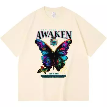 230GSM 100% Cotton T-Shirt Awaken Print Tees Funny Harajuku Style Combed Cotton Tshirt XS абрикосовый