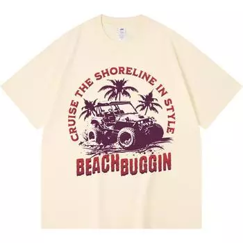 230GSM 100% Cotton T-Shirt BEACH BUGGIN Print Tees Funny Harajuku Style Combed Cotton Tshirt XS абрикосовый