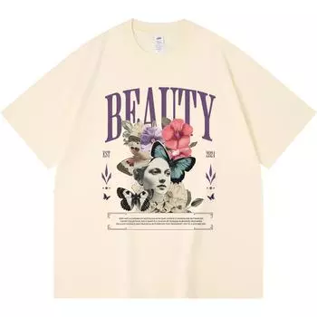 230GSM 100% Cotton T-Shirt Beauty Print Tees Funny Harajuku Style Combed Cotton Tshirt XS абрикосовый