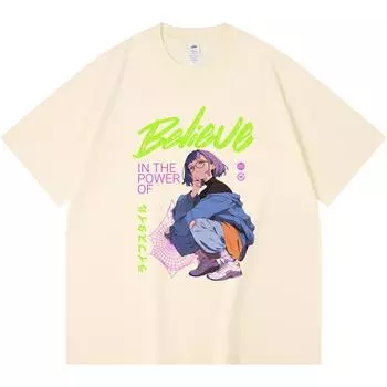 230GSM 100% Cotton T-Shirt Believe Print Tees Funny Harajuku Style Combed Cotton Tshirt XS абрикосовый
