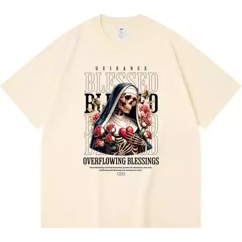 230GSM 100% Cotton T-Shirt Blessed Print Tees Funny Harajuku Style Combed Cotton Tshirt XS абрикосовый