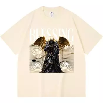 230GSM 100% Cotton T-Shirt Blessing Print Tees Funny Harajuku Style Combed Cotton Tshirt XS абрикосовый