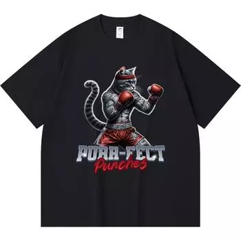 230GSM 100% Cotton T-Shirt Boxing Cat Print Tees Funny Harajuku Style Combed Cotton Tshirt XS абрикосовый