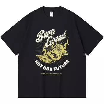 230GSM 100% Cotton T-Shirt Burn Greed Print Tees Funny Harajuku Style Combed Cotton Tshirt XS абрикосовый