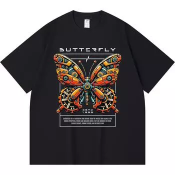 230GSM 100% Cotton T-Shirt Butterfly Design Print Tees Funny Harajuku Style Combed Cotton Tshirt XS абрикосовый