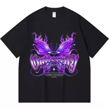 230GSM 100% Cotton T-Shirt Butterfly Print Tees Funny Harajuku Style Combed Cotton Tshirt XS абрикосовый