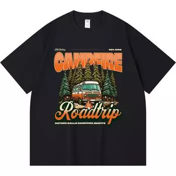 230GSM 100% Cotton T-Shirt Campfire Roadtrip Print Tees Funny Harajuku Style Combed Cotton Tshirt XS абрикосовый