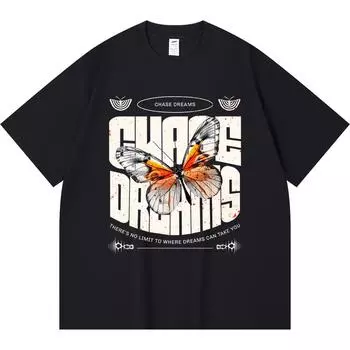 230GSM 100% Cotton T-Shirt Chase Dreams Butterfly Print Tees Funny Harajuku Style Combed Cotton Tshirt XS абрикосовый