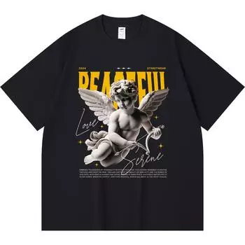 230GSM 100% Cotton T-Shirt Cupid Peaceful Print Tees Funny Harajuku Style Combed Cotton Tshirt XS абрикосовый