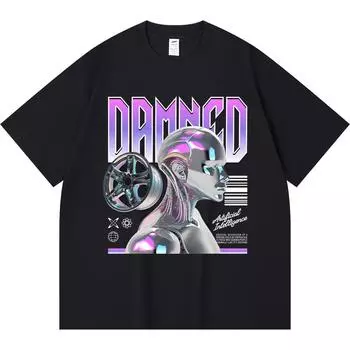 230GSM 100% Cotton T-Shirt Damned Robot Print Tees Funny Harajuku Style Combed Cotton Tshirt XS абрикосовый