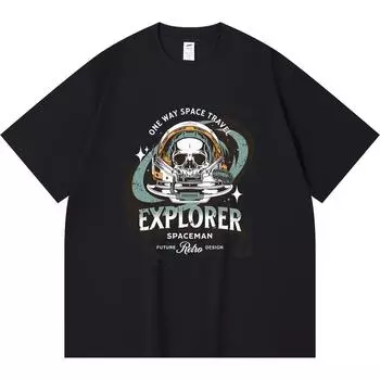 230GSM 100% Cotton T-Shirt Dead Explorer Astronaut Skull Print Tees Funny Harajuku Style Combed Cotton Tshirt XS абрикосовый