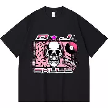 230GSM 100% Cotton T-Shirt DJ SKULL Print Tees Funny Harajuku Style Combed Cotton Tshirt XS абрикосовый