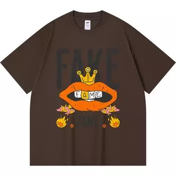 230GSM 100% Cotton T-Shirt Fake Fame Print Tees Funny Harajuku Style Combed Cotton Tshirt XS абрикосовый