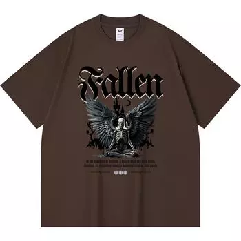230GSM 100% Cotton T-Shirt Fallen Skeleton Wings Print Tees Funny Harajuku Style Combed Cotton Tshirt XS абрикосовый