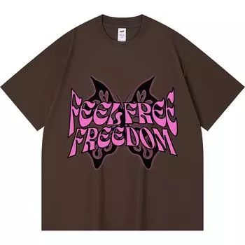 230GSM 100% Cotton T-Shirt Feel Free Freedom Print Tees Funny Harajuku Style Combed Cotton Tshirt XS абрикосовый