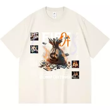 230GSM 100% Cotton T-Shirt Fire Of Wealth Print Tees Funny Harajuku Style Combed Cotton Tshirt XS абрикосовый