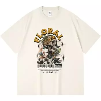 230GSM 100% Cotton T-Shirt Floral Skeleton Print Tees Funny Harajuku Style Combed Cotton Tshirt XS абрикосовый