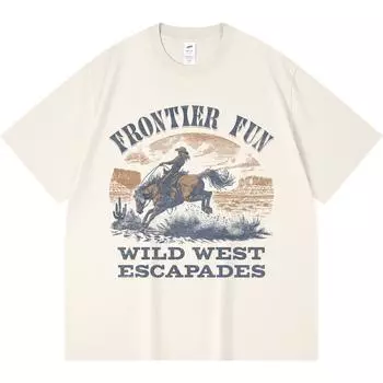 230GSM 100% Cotton T-Shirt Frontier Fun Print Tees Funny Harajuku Style Combed Cotton Tshirt XS абрикосовый