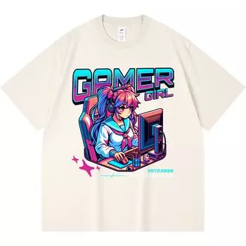 230GSM 100% Cotton T-Shirt Gamer Girl Print Tees Funny Harajuku Style Combed Cotton Tshirt XS абрикосовый