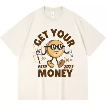 230GSM 100% Cotton T-Shirt Get Your Money Retro Cartoon Mascot Print Tees Funny Harajuku Style Combed Cotton Tshirt XS абрикосовый