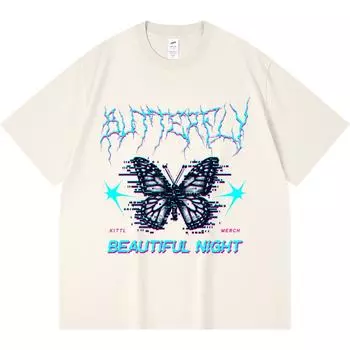 230GSM 100% Cotton T-Shirt Glitch Butterfly Print Tees Funny Harajuku Style Combed Cotton Tshirt XS абрикосовый