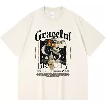 230GSM 100% Cotton T-Shirt Graceful Beauty Print Tees Funny Harajuku Style Combed Cotton Tshirt XS абрикосовый