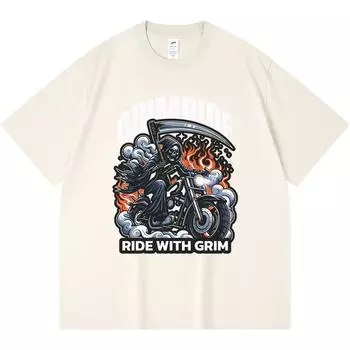 230GSM 100% Cotton T-Shirt Grim Ride Print Tees Funny Harajuku Style Combed Cotton Tshirt XS абрикосовый