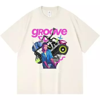 230GSM 100% Cotton T-Shirt Groove 90 Print Tees Funny Harajuku Style Combed Cotton Tshirt XS абрикосовый