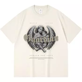 230GSM 100% Cotton T-Shirt Guardian Angle Print Tees Funny Harajuku Style Combed Cotton Tshirt XS абрикосовый