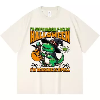 230GSM 100% Cotton T-Shirt Halloween T-Rex Dinosaur Wizard Festive Dino Print Tees Funny Harajuku Style Combed Cotton Tshirt XS абрикосовый