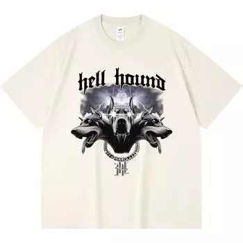 230GSM 100% Cotton T-Shirt Hell Hound Print Tees Funny Harajuku Style Combed Cotton Tshirt XS абрикосовый