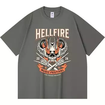 230GSM 100% Cotton T-Shirt Hellfire Music Festival Skull Print Tees Funny Harajuku Style Combed Cotton Tshirt XS абрикосовый