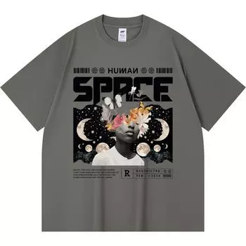230GSM 100% Cotton T-Shirt Human Space Print Tees Funny Harajuku Style Combed Cotton Tshirt XS абрикосовый