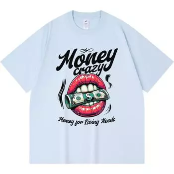 230GSM 100% Cotton T-Shirt Money Crazy Print Tees Funny Harajuku Style Combed Cotton Tshirt XS абрикосовый