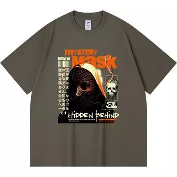 230GSM 100% Cotton T-Shirt Mystery Behind Mask Print Tees Funny Harajuku Style Combed Cotton Tshirt XS абрикосовый