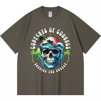 230GSM 100% Cotton T-Shirt Ocean wave skull Print Tees Funny Harajuku Style Combed Cotton Tshirt XS абрикосовый