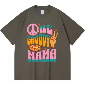 230GSM 100% Cotton T-Shirt One Groovy Mama. Retro Quote Hippue Print Tees Funny Harajuku Style Combed Cotton Tshirt XS абрикосовый