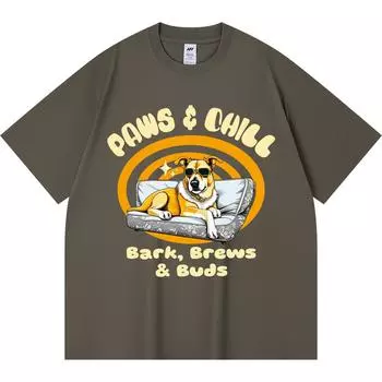 230GSM 100% Cotton T-Shirt Paws & Chill Print Tees Funny Harajuku Style Combed Cotton Tshirt XS абрикосовый