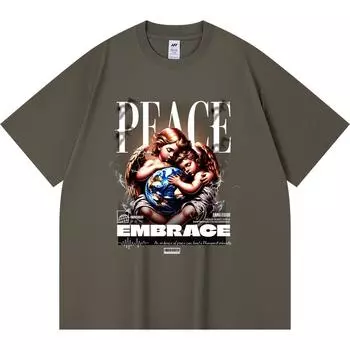 230GSM 100% Cotton T-Shirt Peace Embrace Print Tees Funny Harajuku Style Combed Cotton Tshirt XS абрикосовый