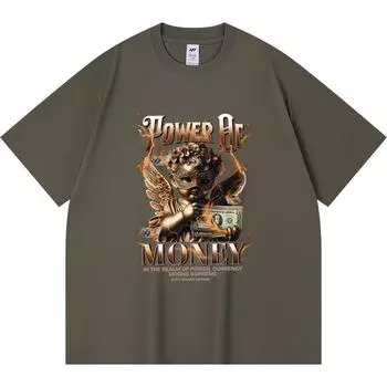 230GSM 100% Cotton T-Shirt Power Of Money Print Tees Funny Harajuku Style Combed Cotton Tshirt XS абрикосовый