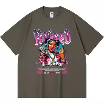 230GSM 100% Cotton T-Shirt Raised On 90s Era Print Tees Funny Harajuku Style Combed Cotton Tshirt XS абрикосовый