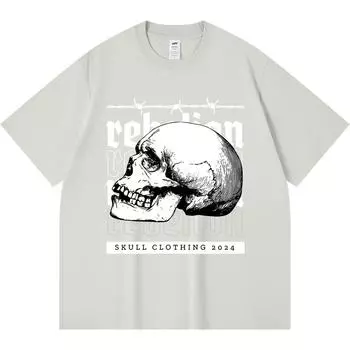 230GSM 100% Cotton T-Shirt Rebelion Skull Print Tees Funny Harajuku Style Combed Cotton Tshirt XS абрикосовый