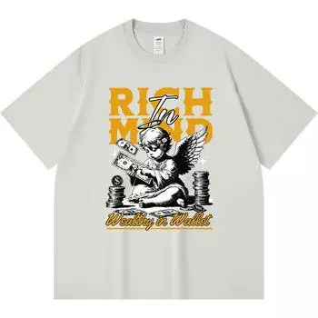 230GSM 100% Cotton T-Shirt Rich in Mind, Wealthly in Wallet Print Tees Funny Harajuku Style Combed Cotton Tshirt XS абрикосовый