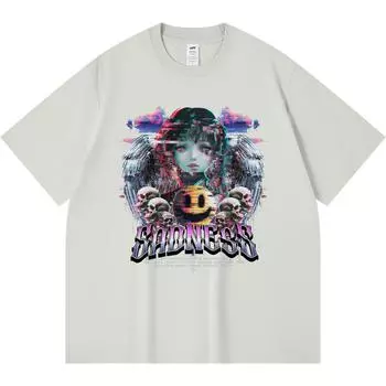 230GSM 100% Cotton T-Shirt Sadness Glitch Print Tees Funny Harajuku Style Combed Cotton Tshirt XS абрикосовый